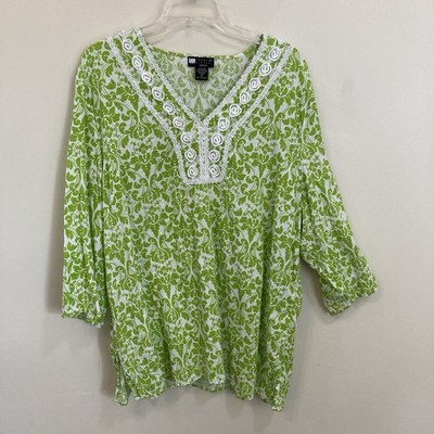 Carole Little Womens Sz 2X Tunic Top Linen Blend 3/4 Sleeve Green White