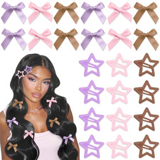 24PCS Hair Clips Satin Mini Hair Bows Metal Star Hair Clips 3 Colors Light Purpl