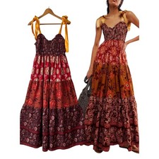Boho Floral Tiered Maxi Dress S Smocked Patchwork Yellow Tie Straps Festival