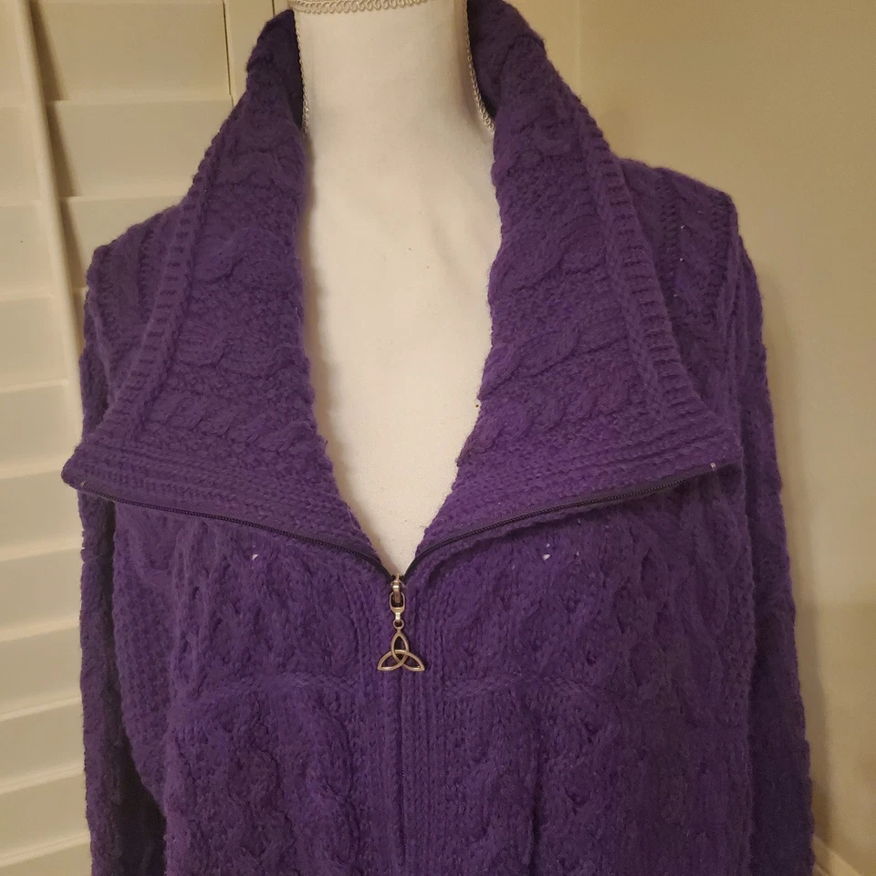 Cable Aran Crafts púrpura 100 % lana merino cremallera completa pescador hecho en Irlanda 2XX Foto 4 de 4