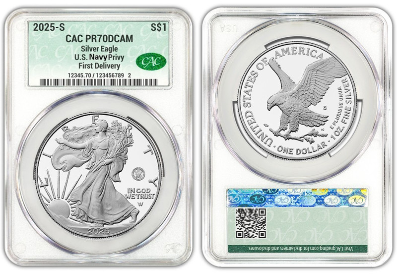 2025 S Silver Eagle $1 US Navy Privy CAC PR70DCAM First Delivery 