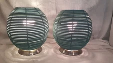 2 Boho BALL Table Small Lamps Bedroom PATIO Wicker Rattan TURQUOISE NICE
