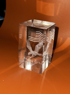 Laser Etched 3D Crystal Glass Paperweight Flag Eagle  God Bless America  
