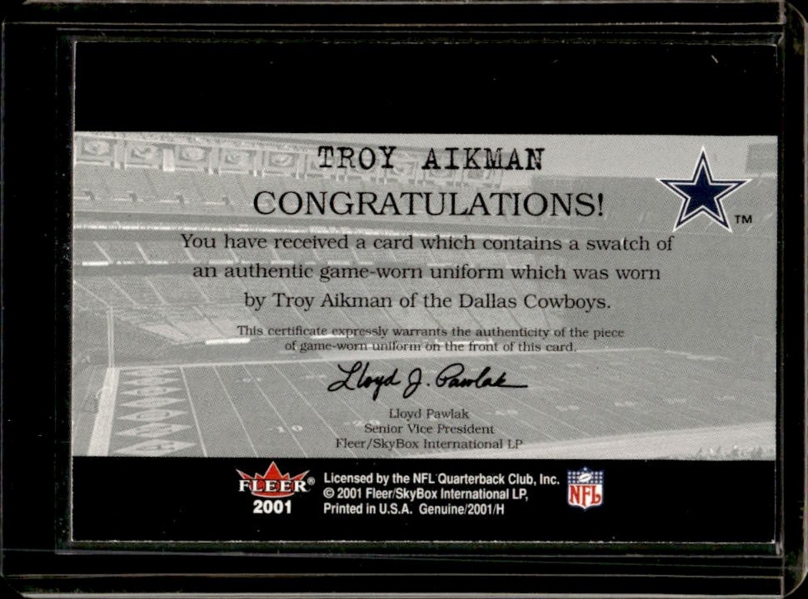 2001 Fleer Genuine Troy Aikman Final Cut Game Used Jersey Cowboys view 2