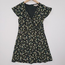 LOFT Dark Floral Print Cap Sleeve A Line Dress Retro Mini V Neck Cottagecore