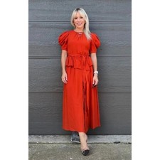 ULLA JOHNSON Red A-Line Short Sleeve Marion Tie Waist Midi Dress size 0