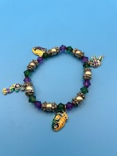 Mardi Gras Beaded Charm Bracelet, Purple/Green/Gold Colors