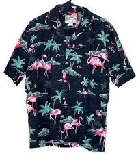Paradise Found Men's Size Large Shirt Black Button Front Flamingo Hawaiian Palms