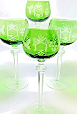 Set of 4 Vintage Bohemian Czech Cut 2 Clear Green Crystal Wine Goblets