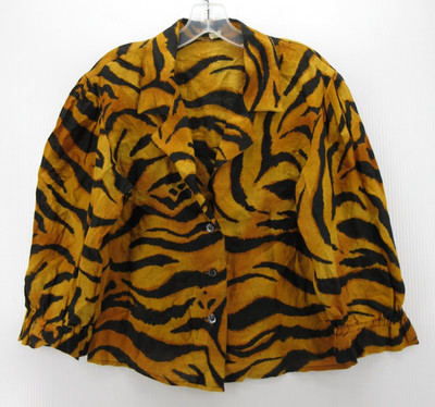 Byblos Top Women Medium Yellow Linen Blouse Tiger Animal Print Italy IT 42 *