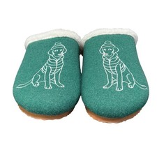 Lands' End Felt Scuff Slippers Womens 8 Green Dog Embroidery Faux Fur Clogs