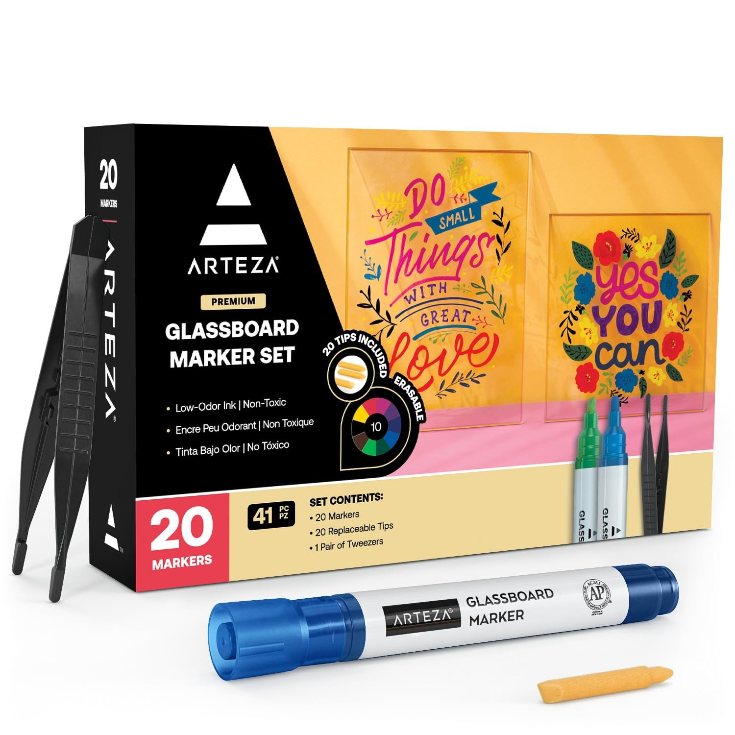 ARTEZA Glass Board Markers, 20 Pack Assorted Colors for Offi