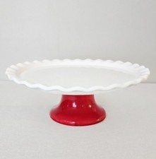 Vintage Destinos S.A. Ceramic Cake Stand, White Ruffled Pedestal Plate with Red
