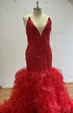 Red Prom Dress (Sequin Dress Ruffle Corset Deep V-Neck Lace Up Organza Size 14)