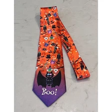 Stonehouse Collection Halloween Necktie - Orange Novelty Tie - Bats Skulls