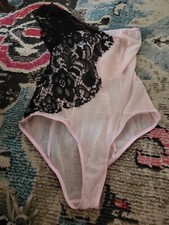 NEW NWT Elegant Moments pink mesh teddy w/ black lace romantic womens S lingerie