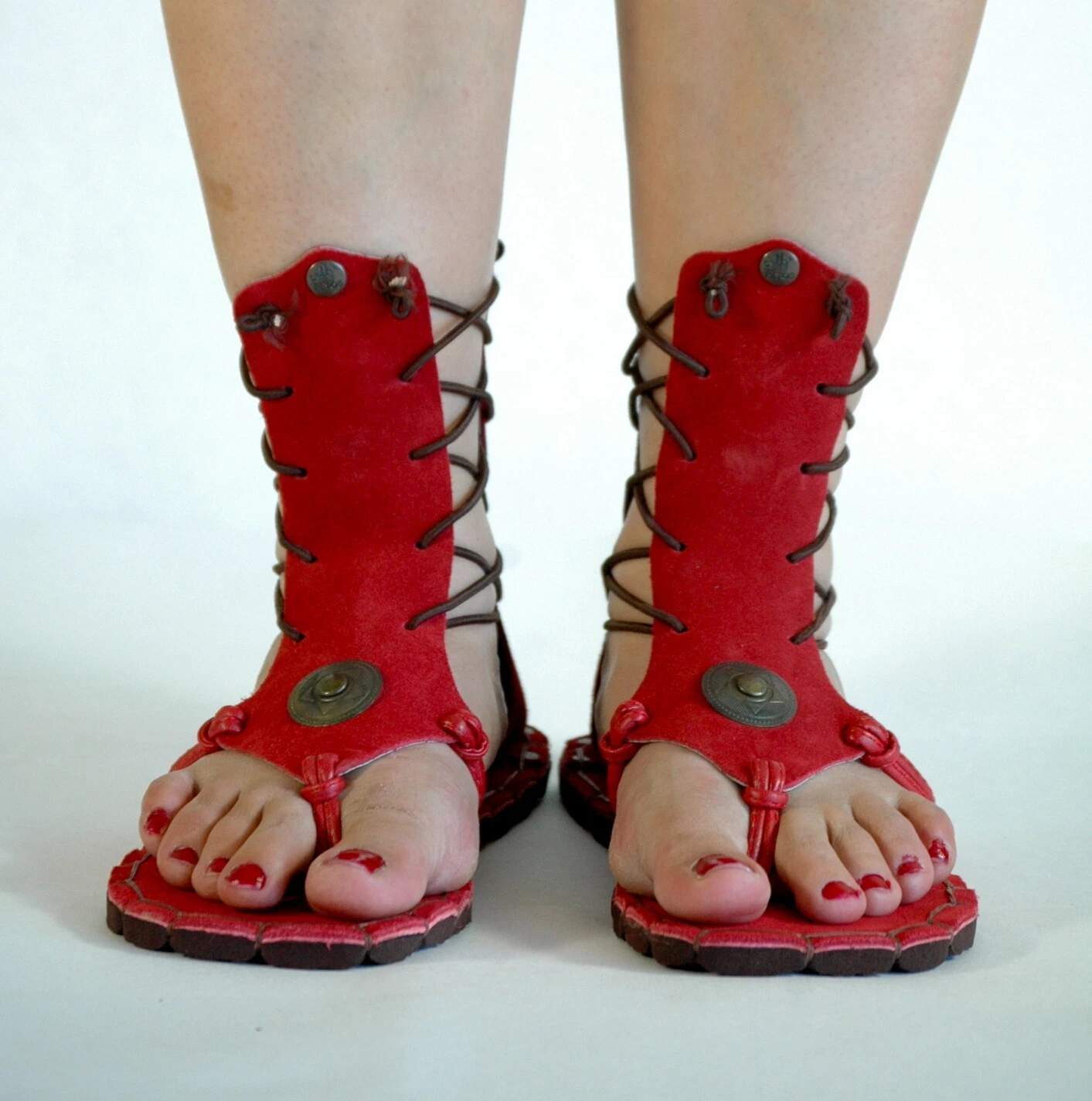 Red Sandals handmade leather comfortable flats Roman style