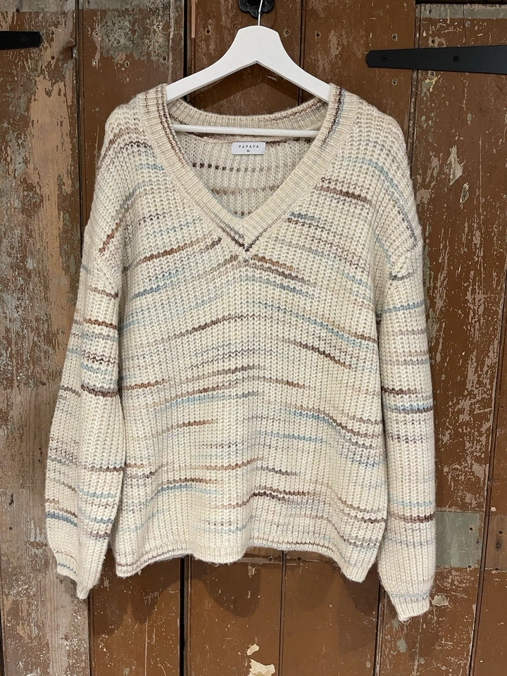 Suéter Suéter Jersey Papaya Crema Tinte Espacial Mancha Cuello en V Grueso Tejido XL Foto 3 de 4