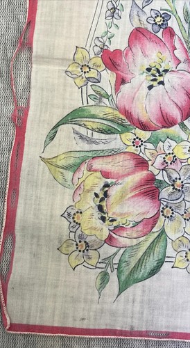 Vintage Lady’s Red Flowers 11” HANDKERCHIEF Floral Hanky Mid century Distressed - Picture 3 of 6