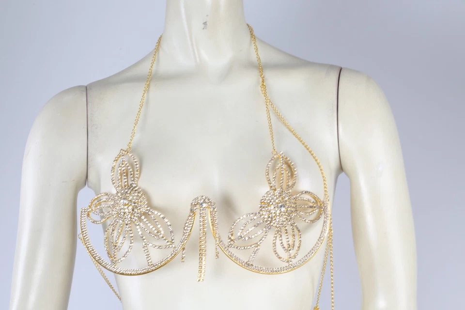 Gold Chain Bracket Chest Metal Rhinestone Flower Harness Tassel Top Bikini Bra - Image 3 of 4