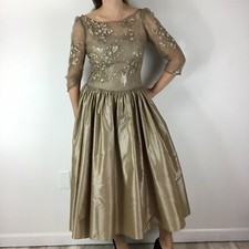 Badgley Mischka Vintage Sequin Beaded Tea Length Formal Dress Golden Beige Small