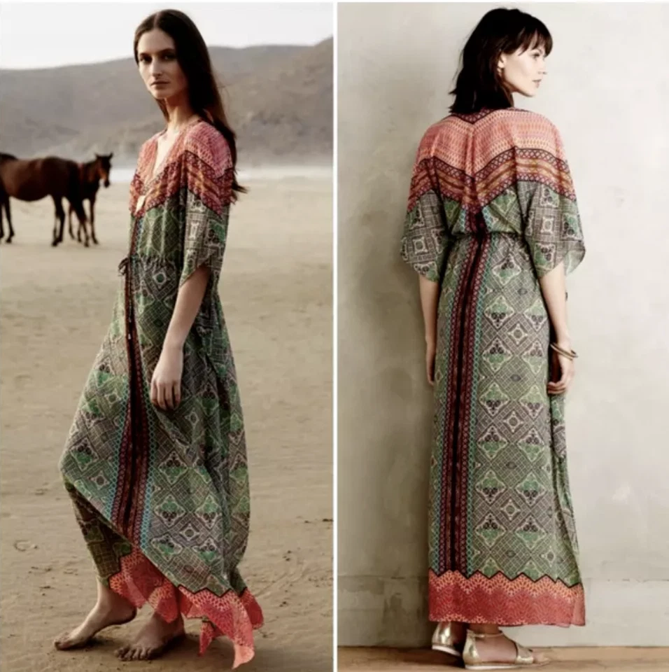 Vestido Vanessa Virginia Anthropologie Chaka Geométrico Kaftan Maxi Cobertura Tamanho P - Imagem 3 de 4