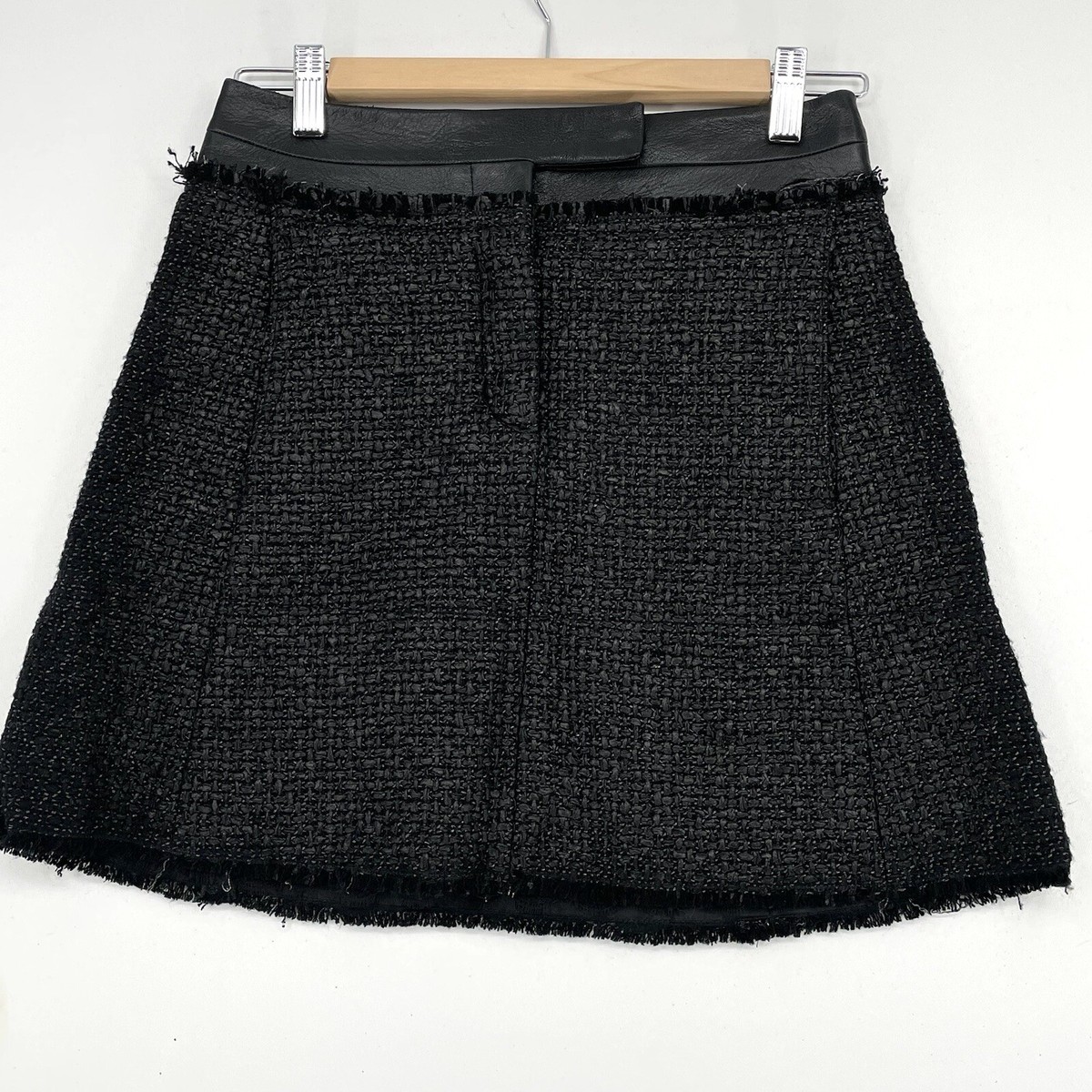 Kaufman Franco Tweed Mini Skirt Size 2/38 Black Faux Leather USA