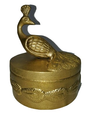 PEACOCK LIDDED BOWL Pier One Textured Gold Color Metal Box Candy Trinket Dish 