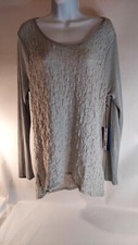 Womens Simply Vera Wang NWT Hi-Lo Mirage Gray Semi Sheer Textured Lace Top Sz L