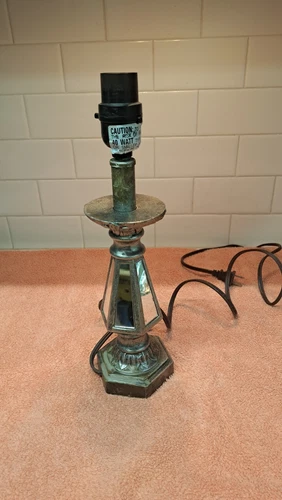 Vintage Faux Pewter Resin Mirrored Accent Lamp. 13" Tall. Works Great. Rare Item