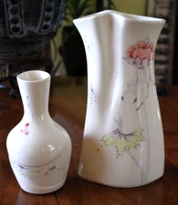 Set Of 2 Baatz USA Art Pottery HAND PAINTED Signed Tall Curved Vase/ Small Pod
