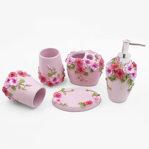 Vintage Pink 5piece Bathroom Accessories Features Soap Dispenser Toothbrush Hold - Picture 3 of 6