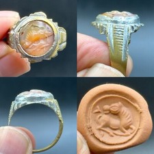 Wonderful Ancient Roman Bronze Ring Agate Stone Insert With Deer Intaglio