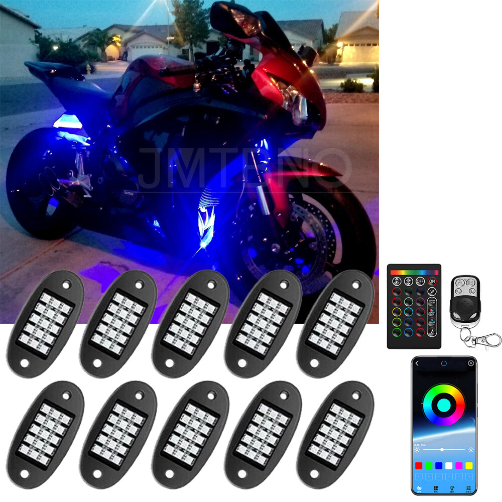 10 RGB LED Underbody Rock Light Kit Motorcycle Neon Glow for