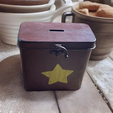 Primitive Country Farmhouse Metal Box Star Bank Storage Decor Lodge Money Saver
