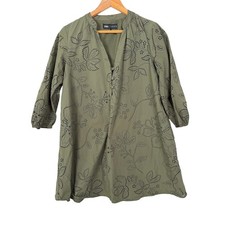 Zara Eyelet Mini Dress Womens Size M Olive Green Boho Floral Cotton 3/4 Sleeve