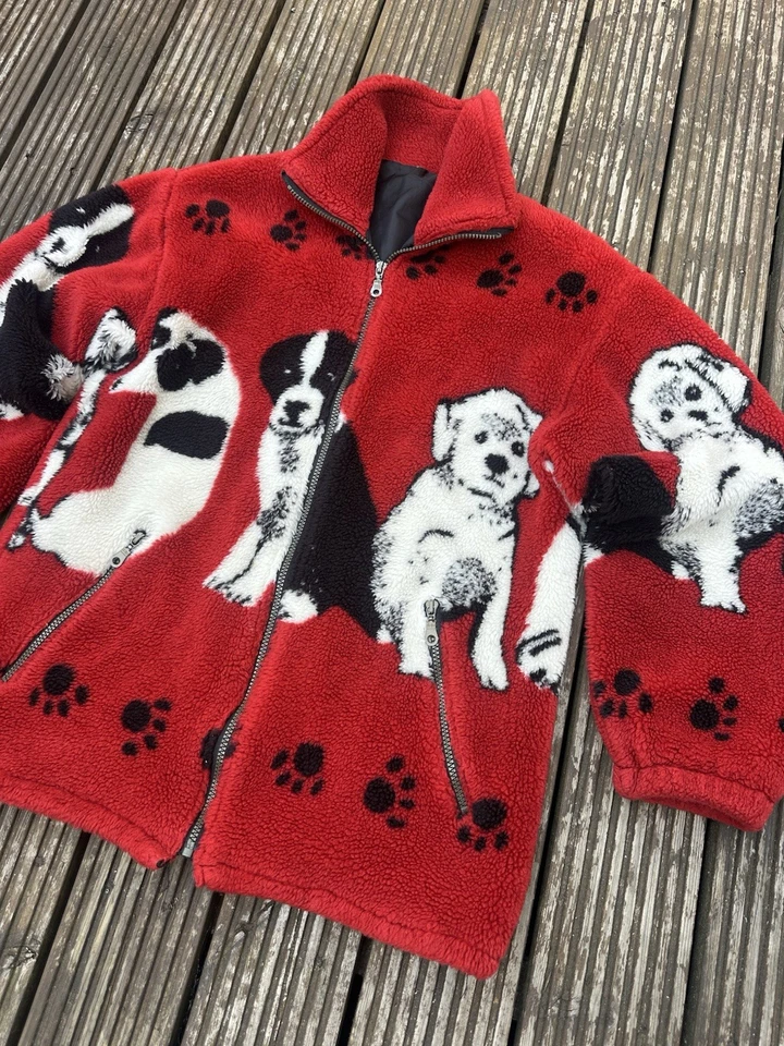 Vintage 90er Hunde Muster Fleece Jacke rot All Over Print Welpen Retro S/M 21" - Bild 3 von 4