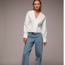 Zara V-Neck Corset Style Poplin Blouse Womens White Slim Hidden Button Small NWT