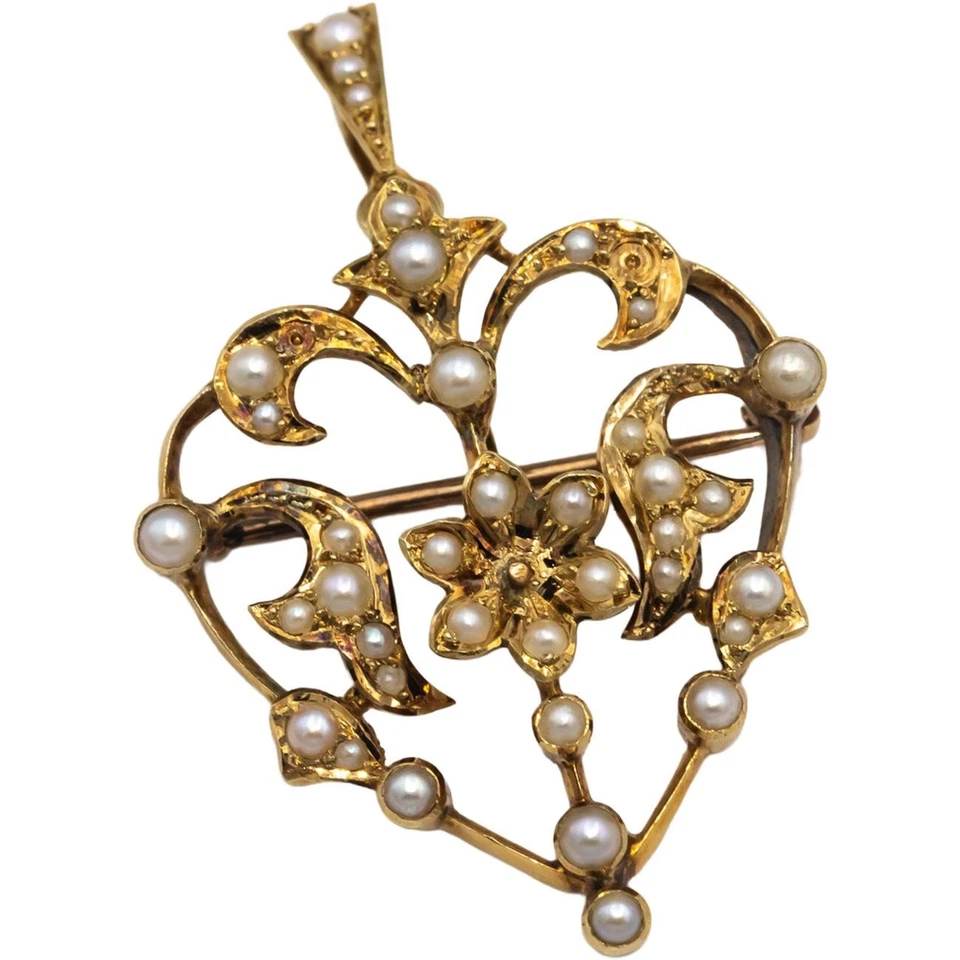 Старинная винтажная брошь-кулон из желтого золота 14 карат с семенами жемчуга и сердцем с бриллиантами