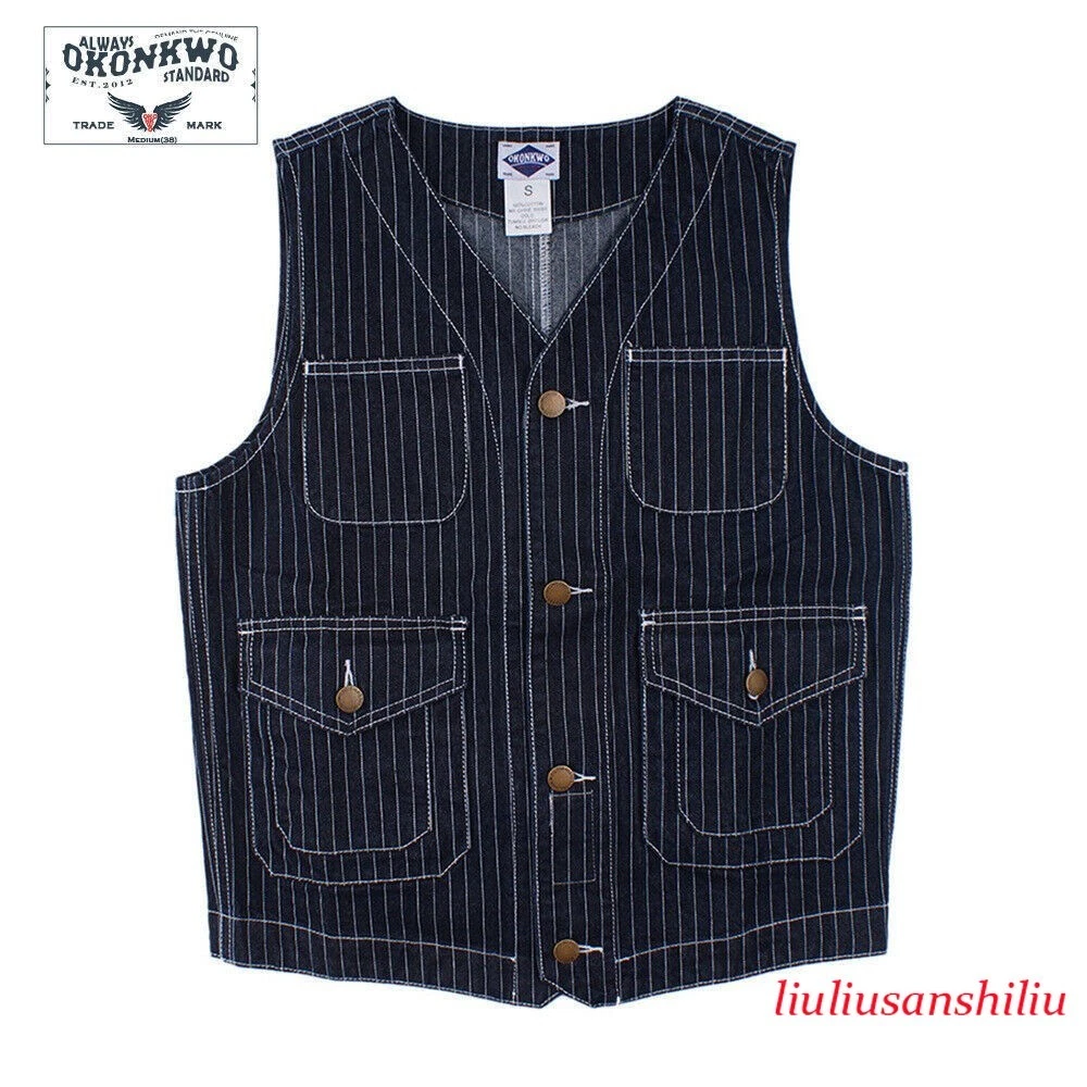 Vintage Mens Denim Waistcoat Indigo Blue Striped Workwear Vest Retro Casual