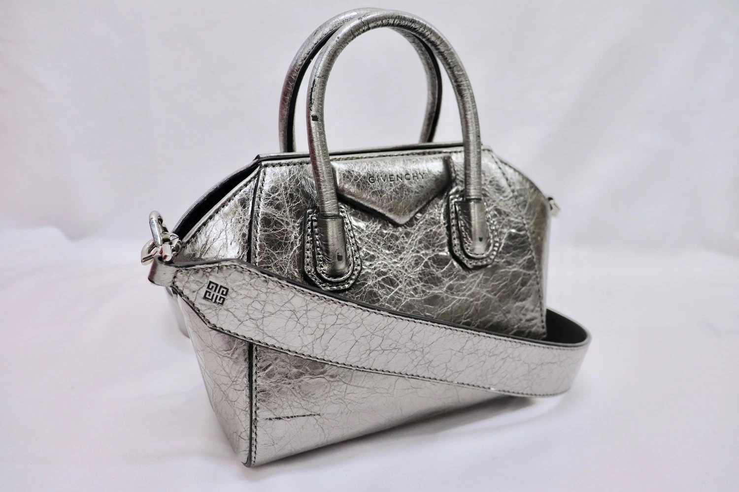 Givenchy — GIVENCHY Antigona Toy Silver Metallic Leather Mini Satchel Crossbody Bag
