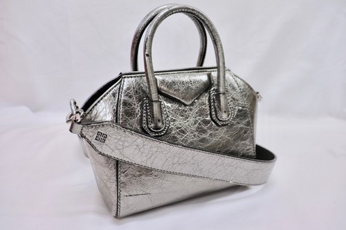 GIVENCHY Antigona Toy Silver Metallic Leather Mini Satchel Crossbody Bag