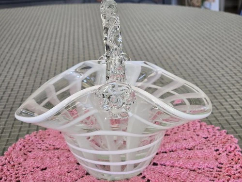 Vintage Fenton - Clear w/White Opalescent Stripes Glass Handled Basket - RARE