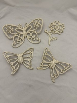 VTG Syroco Homco Butterflies & Flower ivory Plastic Wicker Look Set 4 decor MCM