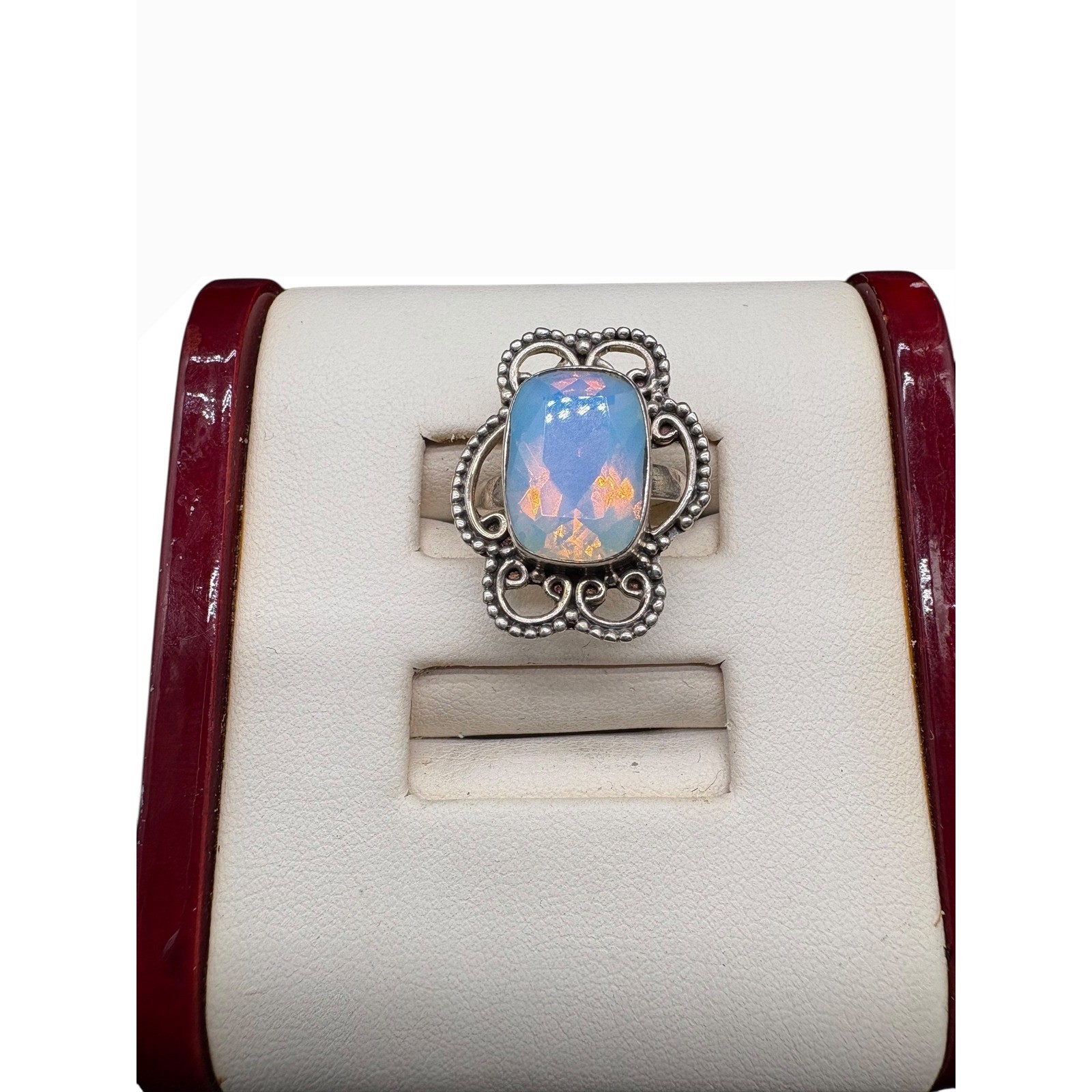 Sterling Silver Opalite Statement Ring Ornate Fil… - image 1