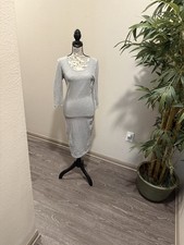 Gray Long Sleeve Bodycon Knit Dress Scoop Neck Midi Solid Women
