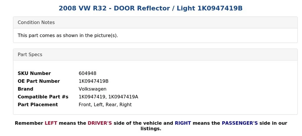Refletor/luz 2008 VW R32 - DOOR 1K0947419B - Imagem 3 de 3