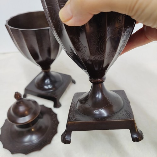 Matching Pair SOLID BRONZE Vintage Engraved Urns 10", Footed W/ Lids, Unmarked - Picture 11 of 21