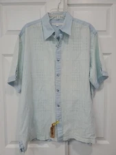 Mens Perry Ellis Linen Blend Short Sleeve Casual Dress Button Shirt XL Blue