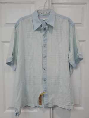 Mens Perry Ellis Linen Blend Short Sleeve Casual Dress Button Shirt XL Blue